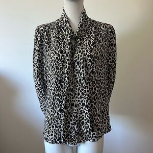 J Crew Leopard Tie Neck Silk Animal Print Button Up Size L